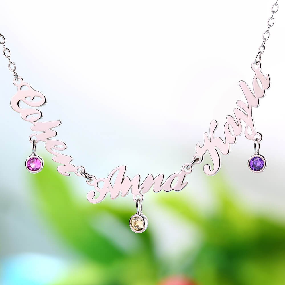 Silver Personalized Name Necklace With 1-6 Names and Birthstones