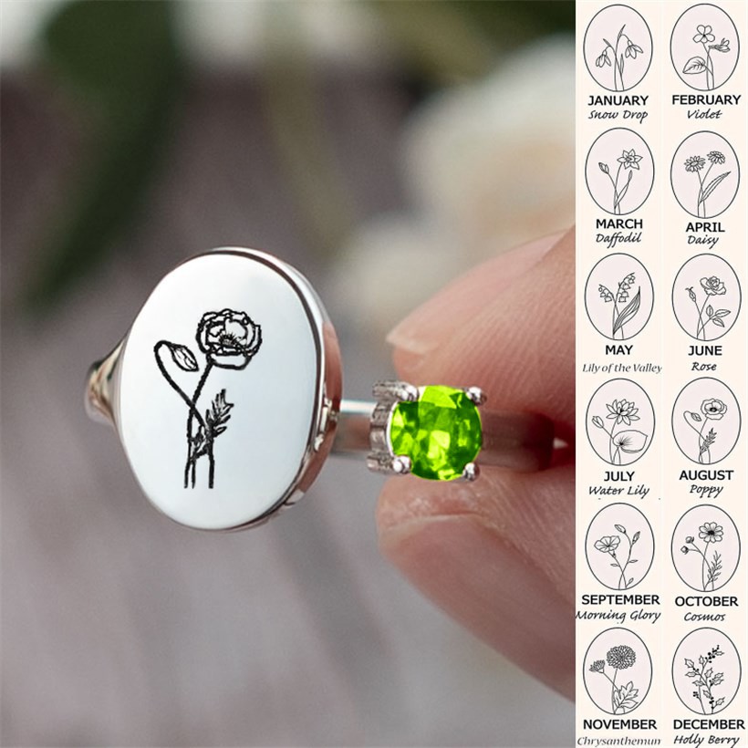 Personalized Birth Flower Ring With Birthstone August Poppy