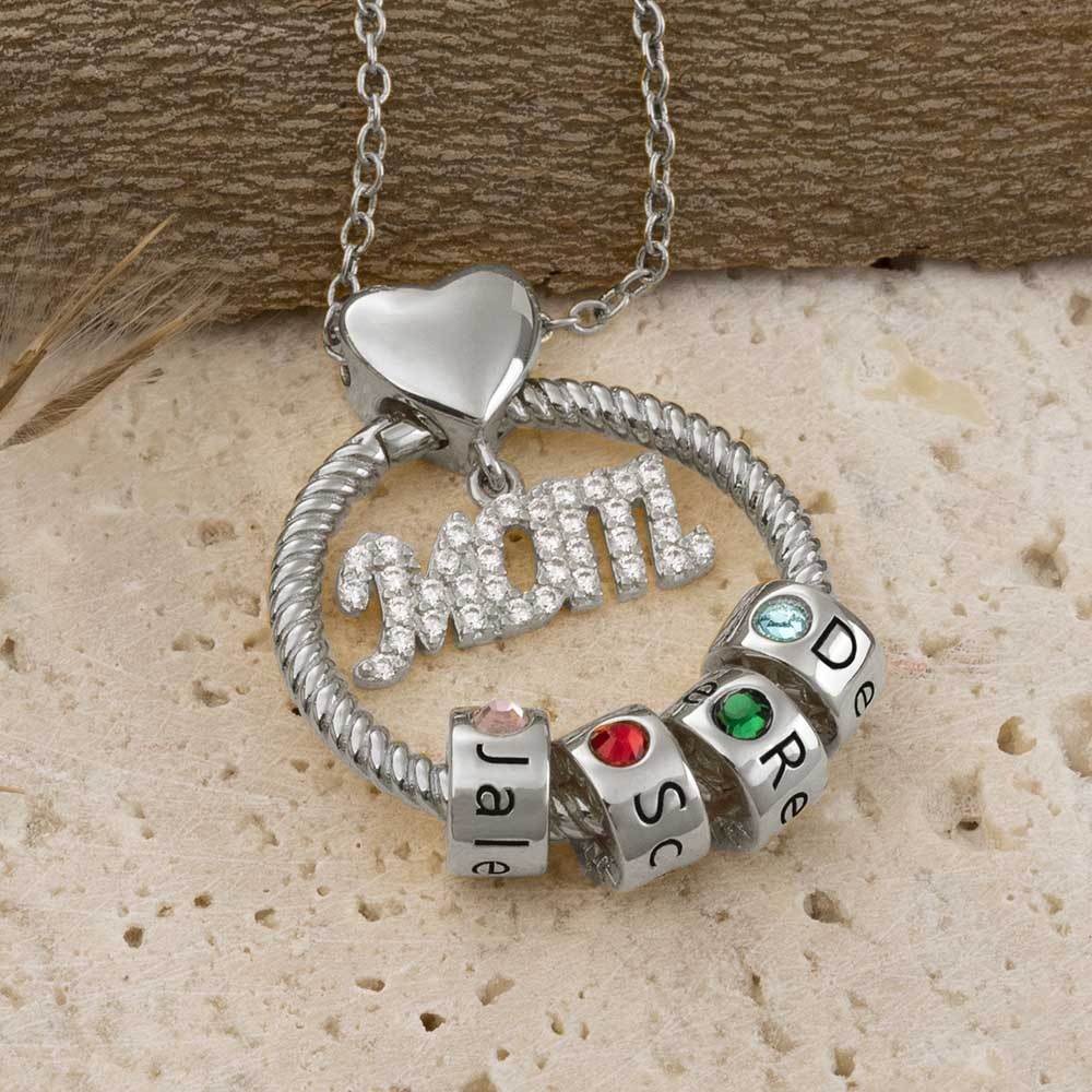 Silver Linda Circle Pendant Necklace With Engraved Name Beads Mom Birthstone Gift
