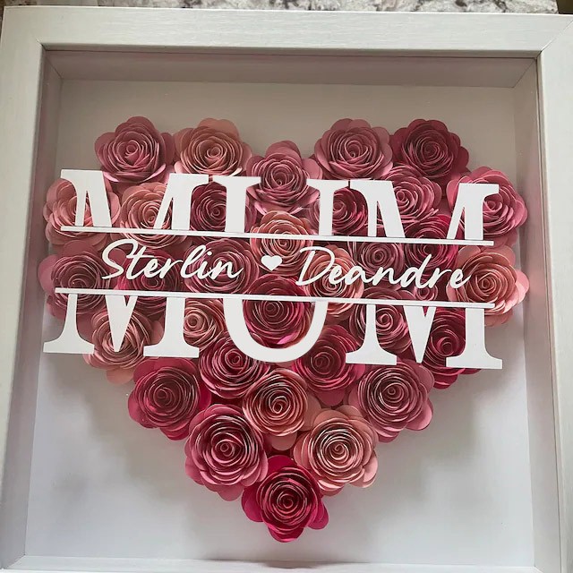 Personalized Mom Heart Flower Shadow Box With Kids Name For Mother's Day Birthday