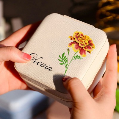 Personalized Birth Flower Jewelry Travel Boxes Case With Name