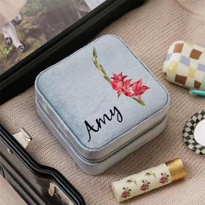 Personalized Birth Flower Jewelry Travel Box Bridesmaid Gift Case With Name
