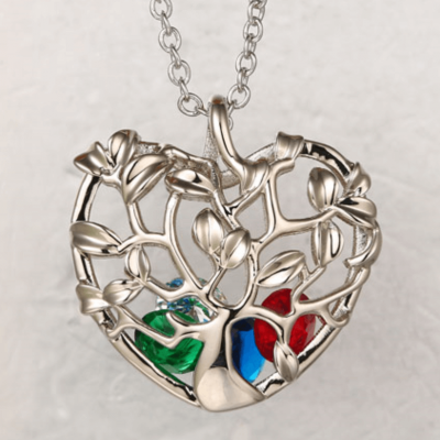 Heart Shape Family Tree Caged Pendant Necklace with 1-8 Birthstones