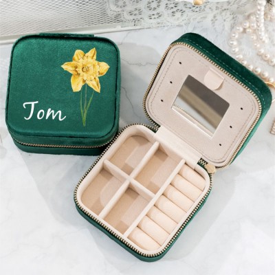 Personalized Birth Flower Jewelry Travel Box Bridesmaid Gift Case With Name