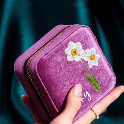 Personalized Birth Flower Jewelry Travel Box Bridesmaid Gift Case With Name