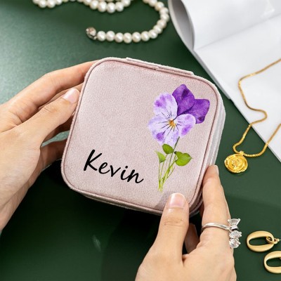 Personalized Birth Flower Jewelry Travel Box Bridesmaid Gift Case With Name