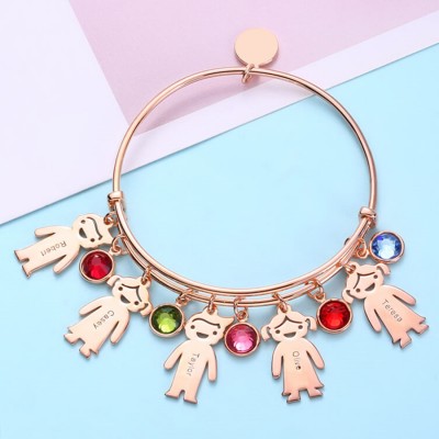 18K Rose Gold Plating Personalized Birthstone Bangle Bracelet With 1-12 Name Engraved on Kid Charm