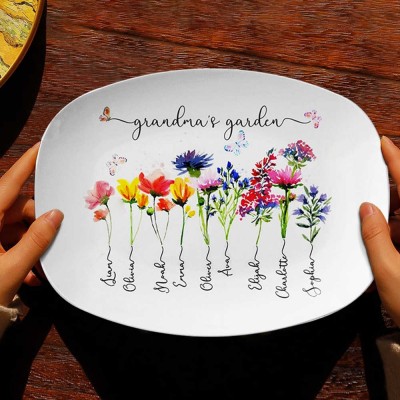 Personalized Grandma's Garden Platter With Grandkids Name and Birth Month Flower For Mother's Day