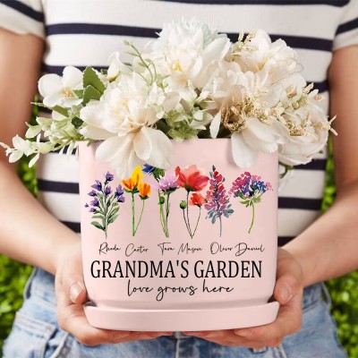 Custom Grandma's Garden Plant Pot With Grandkids Name and Birth Month Flower For Mother's Day