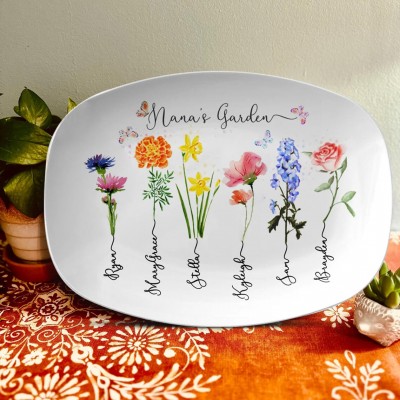 Personalized Nana's Garden Platter With Grandkids Name and Birth Month Flower For Mother's Day