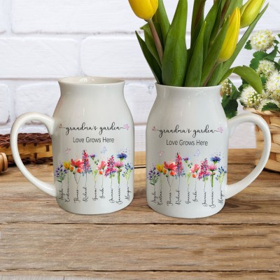 Custom Grandma's Garden Vase With Grandkids Name and Birth Flower For Mother's Day Christmas