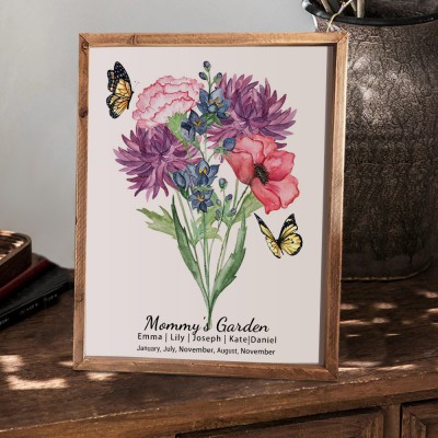 Custom Mommy's Garden Birth Flower Family Bouquet Wood Sign Art With Kids Name For Christmas Mother's Day