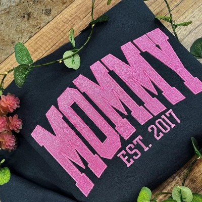 Custom Embroidered Glitter Mama Sweatshirt with Kids Names on Sleeve For New Mum Mother's Day Gift