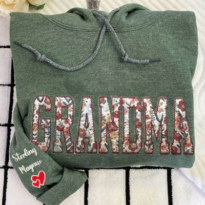 Custom Floral Grandma Embroidered Sweatshirt With Grandchildren Name On Sleeve For Mom Grandma Christmas Gift