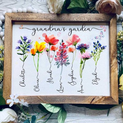 Personalised Grandma's Garden Frame Sign With Grandkids Names and Birth Flower For Christmas Day