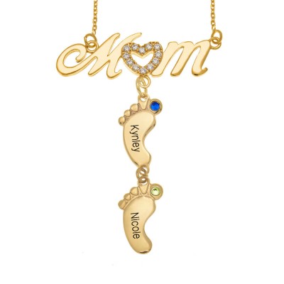 Personalized BabyFeet Mom Name Necklace With Birthstones 1-10 Charms Pendants