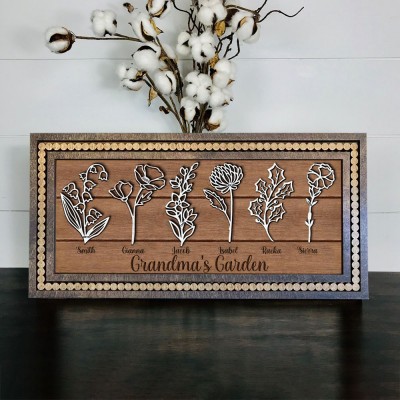 Custom Grandma's Garden Birth Month Flower Frame With Grandchildren's Names For Christmas Day Gift