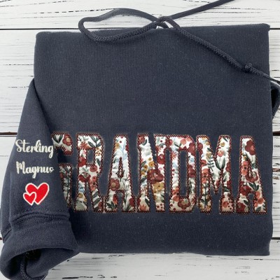 Custom Floral Grandma Embroidered Sweatshirt With Grandchildren Name On Sleeve For Mom Grandma Christmas Gift