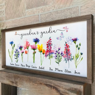 Custom Grandma's Garden Frame With Grandkids Names and Birth Month Flower For Christmas Day Gift