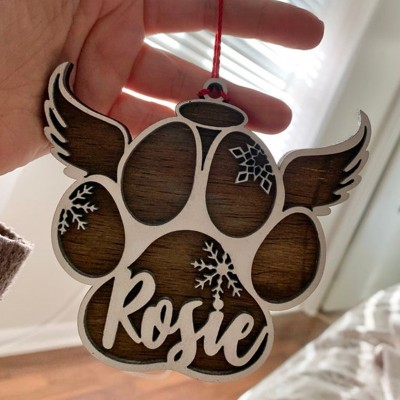 Personalized Wood Pet Paw Memorial Ornament with Wings Name Engraved