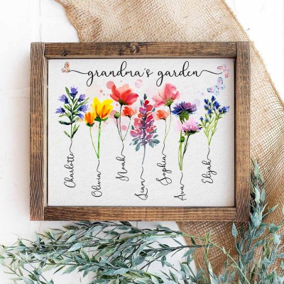 Personalised Grandma's Garden Frame With Grandkids Names and Birth Flower For Christmas Day Gift Ideas