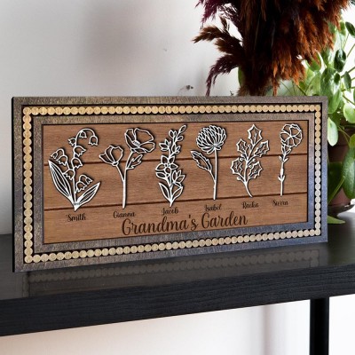 Custom Nana's Garden Birth Month Flower Frame With Grandchildren's Names For Christmas Day Gift