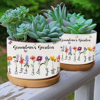 Custom Grandma's Garden Plant Pot With Grandkids Name and Birth Month Flower For Mother's Day