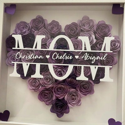 Personalized Mom Heart Flower Shadow Box With Kids Name For Mother's Day Birthday