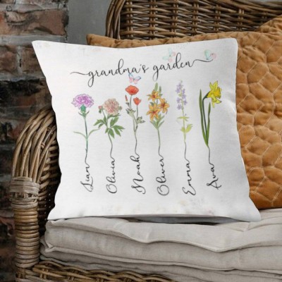 Personalized Grandma's Garden Birth Flower Pillow With Grandkids Name For Mother's Day