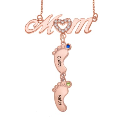 Personalized BabyFeet Mom Name Necklace With Birthstones 1-10 Charms Pendants