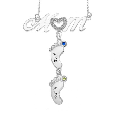 Silver Personalized BabyFeet Mom Name Necklace With Birthstones 1-10 Charms Pendants