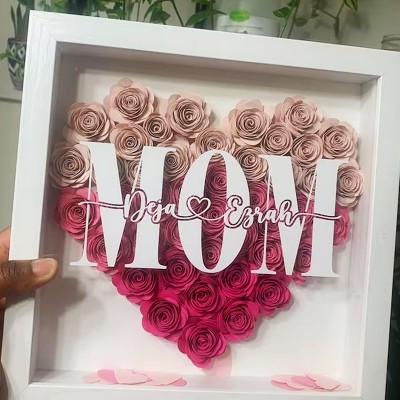 Personalized Mom Heart Flower Shadow Box With Kids Name For Mother's Day Birthday