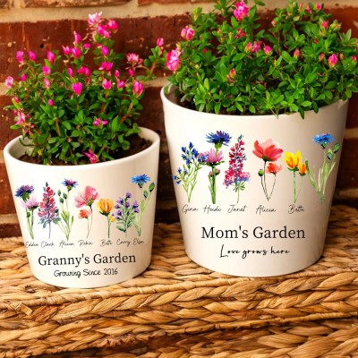 Personalized Birth Flower Outdoor Flower Pot With Kids Name For Mom Grandma Christmas Gift