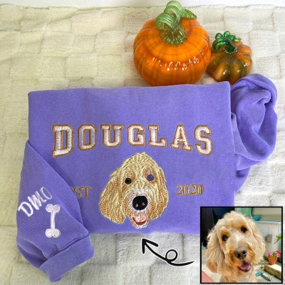Personalized Dog Face Embroidered Sweatshirt Varsity Style For Pet Lover Gifts