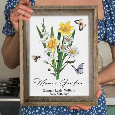 Custom Mom's Garden Birth Flower Family Bouquet Wood Sign Art With Kids Name For Christmas Day Gift Ideas