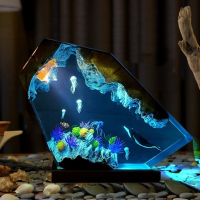 Humpback Whale and Jellyfish Resin Wood Lamp Gifts For Ocean Lovers