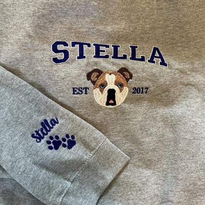 Custom Embroidered Dog Face Varsity Style Sweatshirt With Name For Pet Lover Gifts