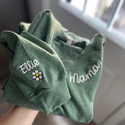 Custom Embroidered Mama Sweatshirt With Kids Name On Sleeve For Mom Grandma Christmas Gift