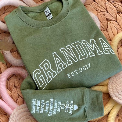 Custom Embroidered GRANDMA Sweatshirt With Grandchildren Name On Sleeve For Christmas Gift