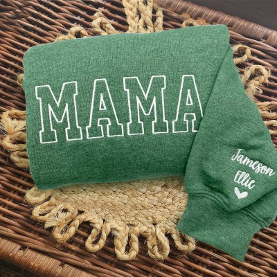 Custom Embroidered MAMA Sweatshirt With Kids Name On Sleeve For Mom Grandma Christmas Gift