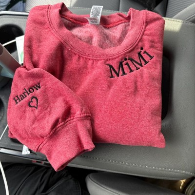 Custom Embroidered MIMI Sweatshirt With Kids Name On Sleeve For Mom Grandma Christmas Gift