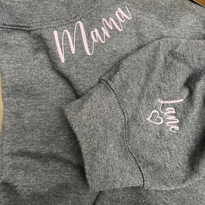 Custom Embroidered MAMA Sweatshirt With Kids Name On Sleeve For Mom Grandma Christmas Gift