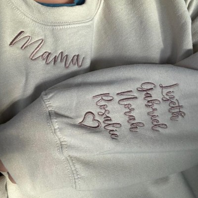 Custom Embroidered MAMA Sweatshirt With Kids Name On Sleeve For Mom Grandma Christmas Gift