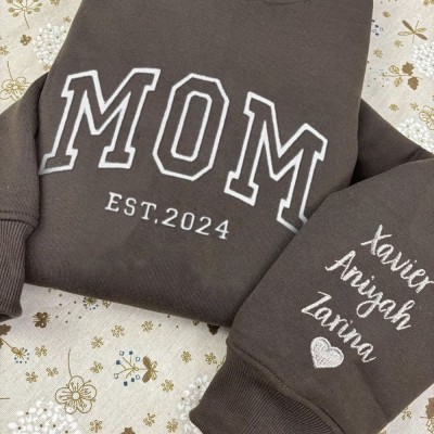Custom Embroidered MOM Sweatshirt With Kids Name On Sleeve For Christmas Gift