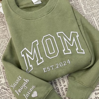 Custom Embroidered MOM Sweatshirt With Kids Name On Sleeve For Christmas Gift