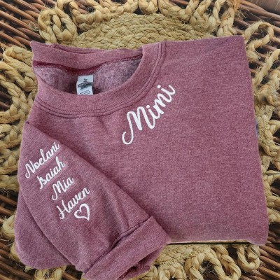 Custom Embroidered MIMI Sweatshirt With Grandchildren Name On Sleeve For Christmas Gift