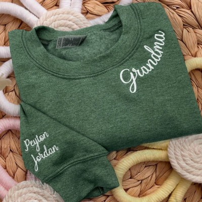 Custom Embroidered Grandma Sweatshirt With Grandchildren Name On Sleeve For Christmas Gift