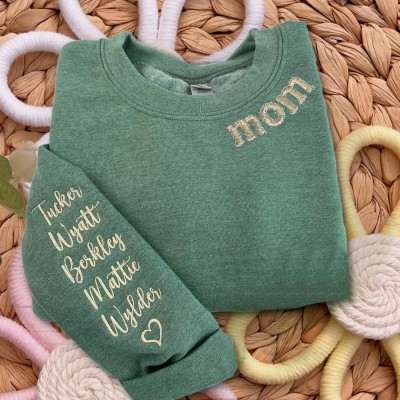 Custom Embroidered MOM Sweatshirt With Kids Name On Sleeve For Christmas Gift