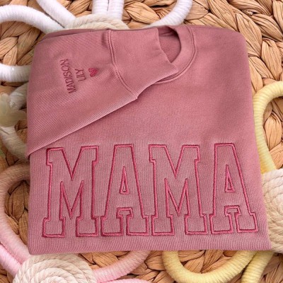 Custom Embroidered MAMA Sweatshirt With Kids Name On Sleeve For Mom Grandma Christmas Gift