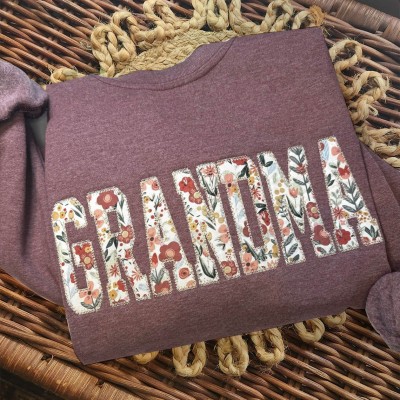 Custom Floral Grandma Embroidered Sweatshirt With Grandchildren Name On Sleeve For Christmas Gift